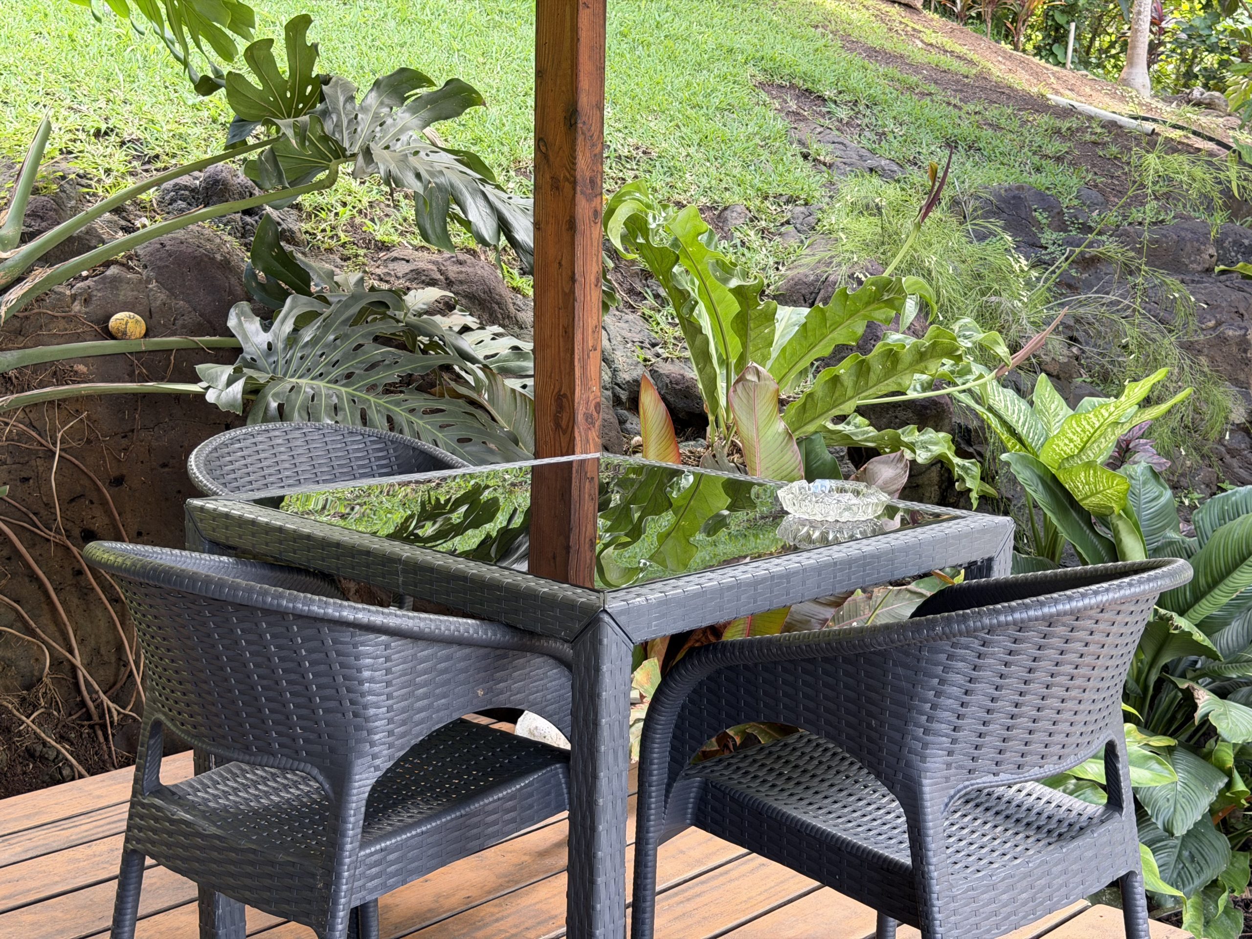 terrasse du bungalow hipu donnant sur le jardin